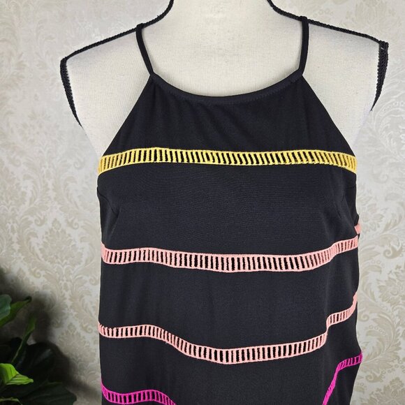 Entro Size Medium Black Swing Dress Multiple Colored Stripes Halter Neck Slvless - Picture 2 of 11